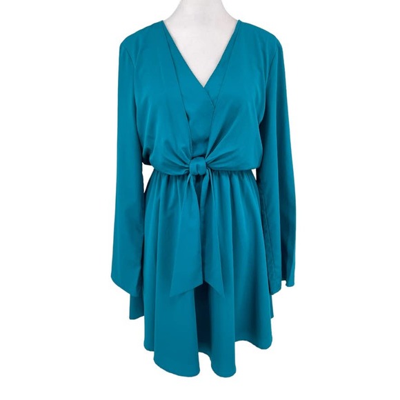 GREAT JONES Turquoise Stretch Surplice Tie Front Blouson Dress - Size Small EUC - Picture 2 of 16